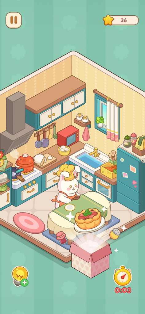 My Perfect Home: Design Game - Un mignon personnage de lapin dans une cuisine décorée et cosy avec une boîte mystère
