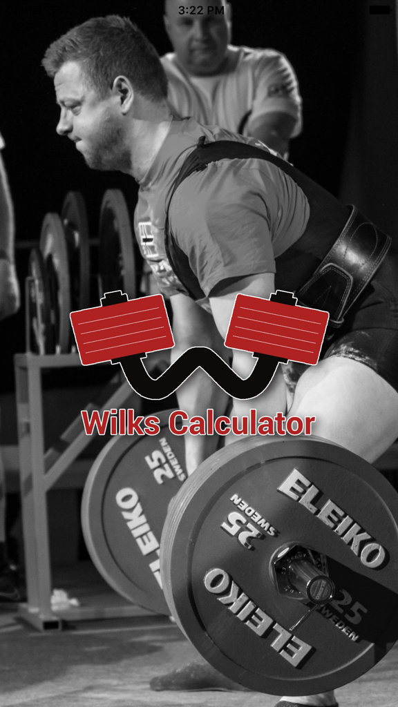 Wilks Calculator Powerlifting - Wilks Calculator Powerlifting app splash screen showing a powerlifter performing a heavy lift with the app logo overlaid