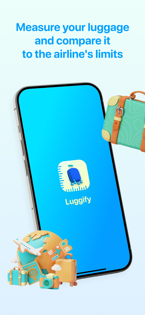 Luggify: AR Luggage Scanner - Luggify app interface on a smartphone showing AR luggage measurement and travel illustrations