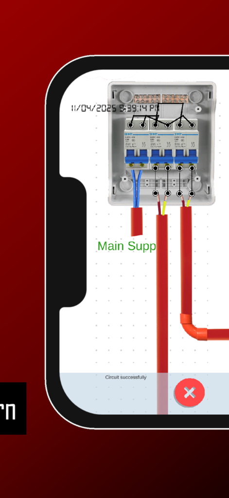 Uno schermo mobile che mostra una simulazione di cablaggio di interruttori automatici con cavi di alimentazione principali.