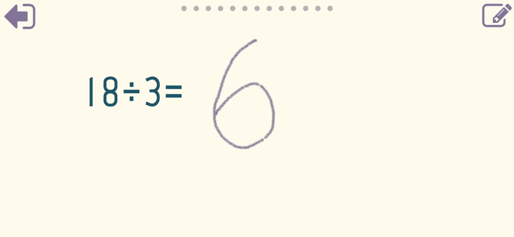 Math Shot Division - A division problem eighteen divided by three with a handwritten answer six in the Math Shot Division app