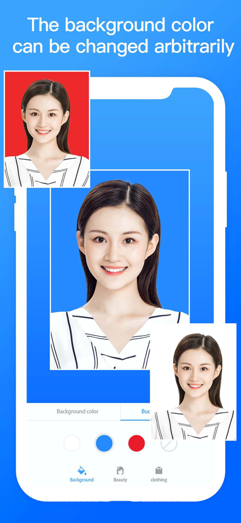 A mobile app interface showing an ID photo with different background color options like red, blue, and white.