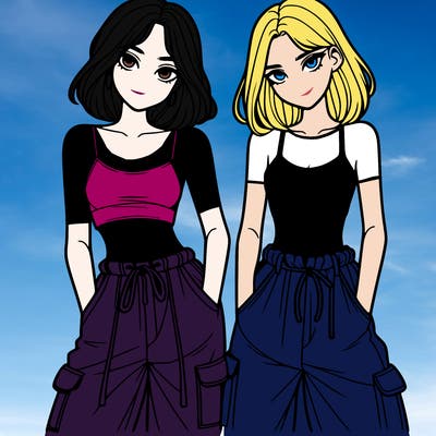 two girls with crop top with baggy pants