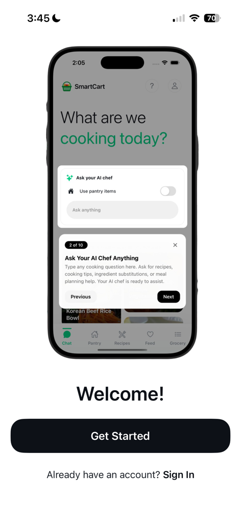 SmartCart - AI Meal Planner - Tela de boas-vindas do aplicativo SmartCart AI Meal Planner destacando o recurso de chef de IA em um iPhone