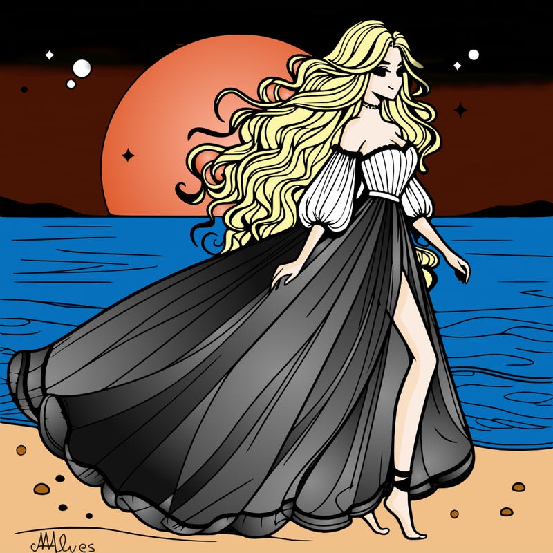 beautiful woman with a vaporous long dress walking on the beach at the noon, detailed art