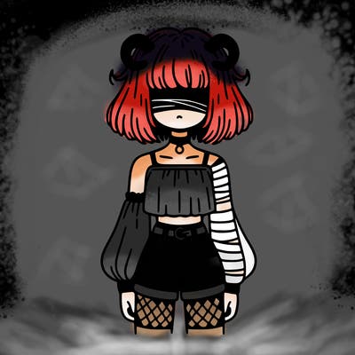 girl whith hair over there eyes small horns crop top one bandaged sleeve one long and striped sleeve shorts fish nets and short hair