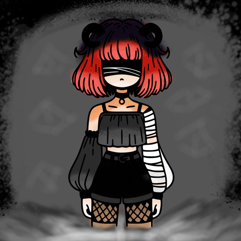girl whith hair over there eyes small horns crop top one bandaged sleeve one long and striped sleeve shorts fish nets and short hair