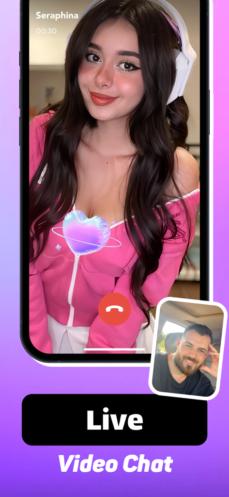 A live video call screen on the Yipee app showing two users and a heart animation filter