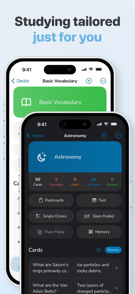 Memorize app interface displaying customized study decks and flashcard options in light and dark modes.