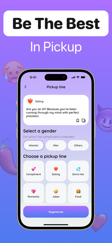Rizz AI Talk: Dating Assistant - Interface of Rizz AI app showing options to generate different types of pickup lines for dating apps