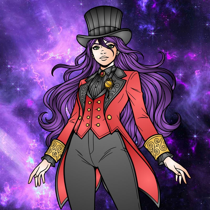 a girl with a top hat and long hair wearing a ringmaster outfit