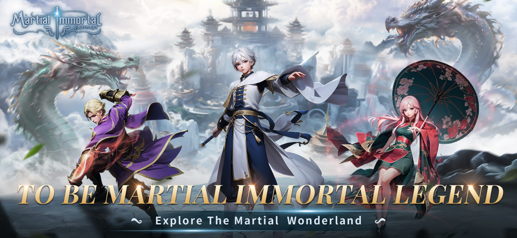 Martial lmmortal Journeys - Three characters in martial arts attire standing before a mystical mountain city with dragons in a fantasy sky.