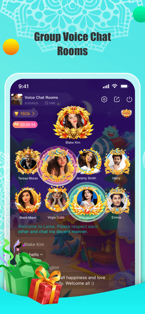 A group voice chat room in the Lama app featuring user profiles in ornate golden frames and virtual gift icons