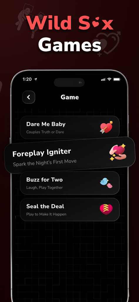 Smartphone screen displaying ScratchX app game options like Foreplay Igniter and Dare Me Baby for couples