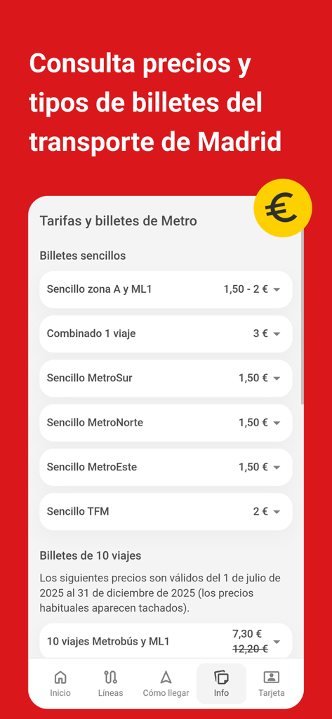 Buses Madrid Tiempo Real - A list of metro ticket prices and transport fares in the Madrid public transit app