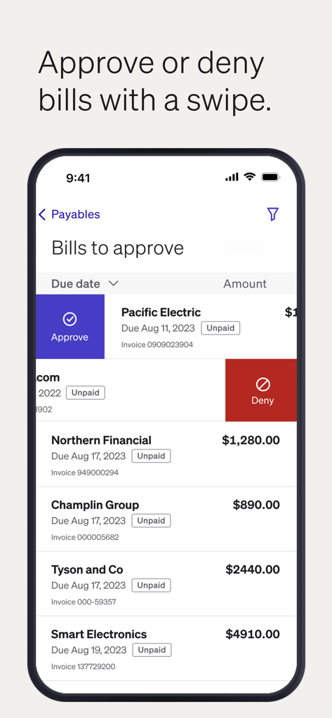 BILL AP & AR Business Payments - Mobile interface of the BILL app for approving or denying business bills with a swipe gesture.