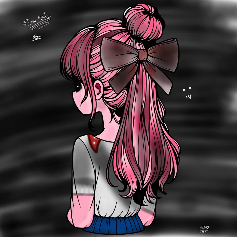 realistic girl  with hip length hair a bun and a big bow on the back of head