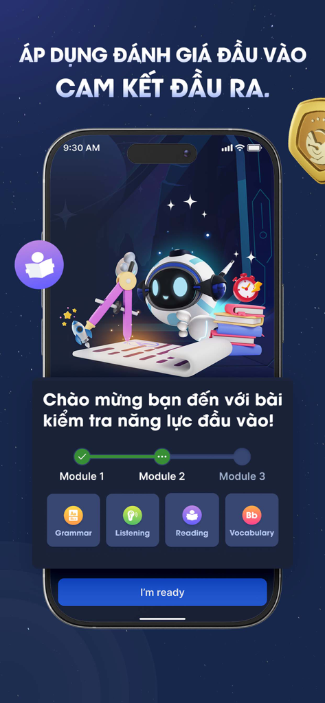 Fsel - Learning English - Écran d'évaluation d'entrée de l'application d'apprentissage de l'anglais Fsel montrant les modules de grammaire, d'écoute, de lecture et de vocabulaire