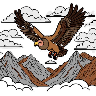 a majestic andean condor soaring through the high mountain skies, with its wide wingspan spread out, surrounded by snow-capped peaks and clouds.