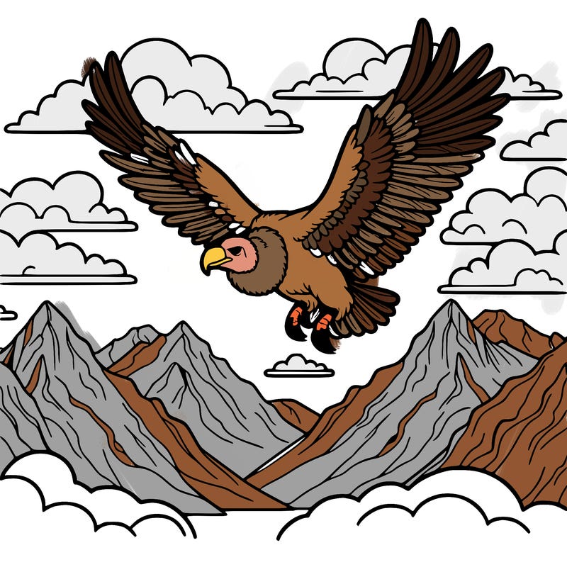 a majestic andean condor soaring through the high mountain skies, with its wide wingspan spread out, surrounded by snow-capped peaks and clouds.