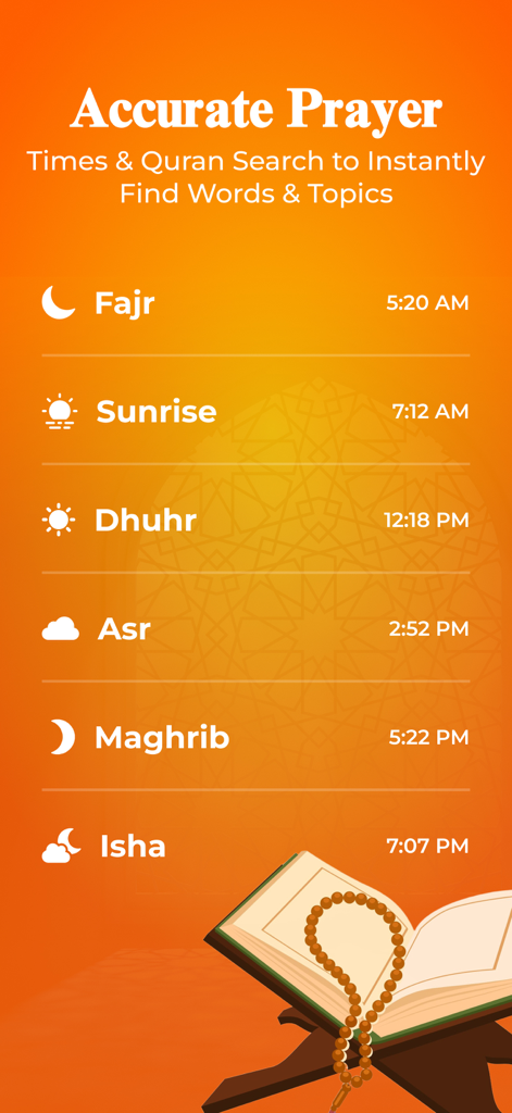 Quranic Family - Horaire quotidien des prières dans l'application Famille Coranique avec les horaires de Fajr, Dhuhr et Maghrib