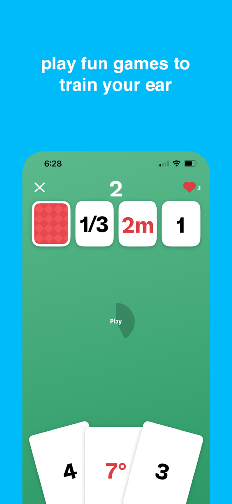 Treble - Learn Music Theory - Uma interface de treinamento de ouvido gamificada do aplicativo Treble mostrando cartões de teoria musical.