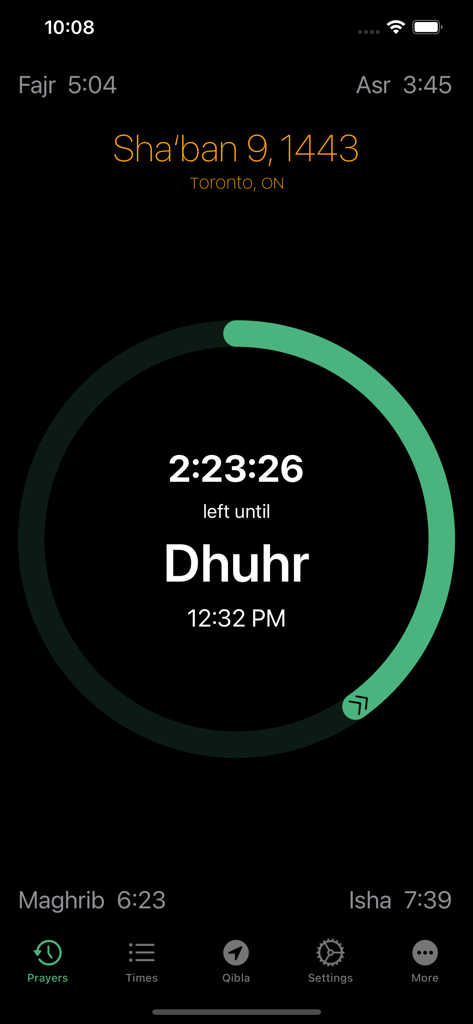 Pray Watch - L'interface de l'application Pray Watch présente un anneau de prière vert minimaliste avec un compte à rebours pour la prière de Dhuhr.