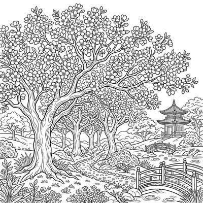 Unleash your artistic flair with this stunning cherry blossom trees coloring page, specifically designed for teens. Explore a detailed Japanese garden scene, perfect for hours of creative relaxation and mindful coloring.