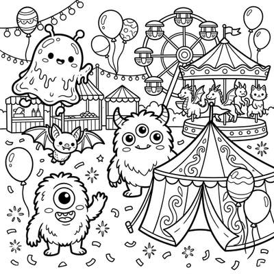 Dive into a world where cute meets creepy with this vibrant Kawaii Monster Carnival coloring page. Featuring adorable monsters enjoying classic fairground attractions, it's a delightful blend of fantasy and fun, ready for your creative touch.
