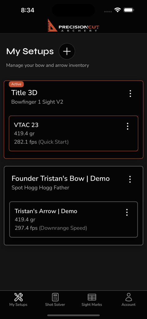 Precision Cut Archery - Precision Cut Archery app My Setups screen displaying technical bow and arrow configurations.