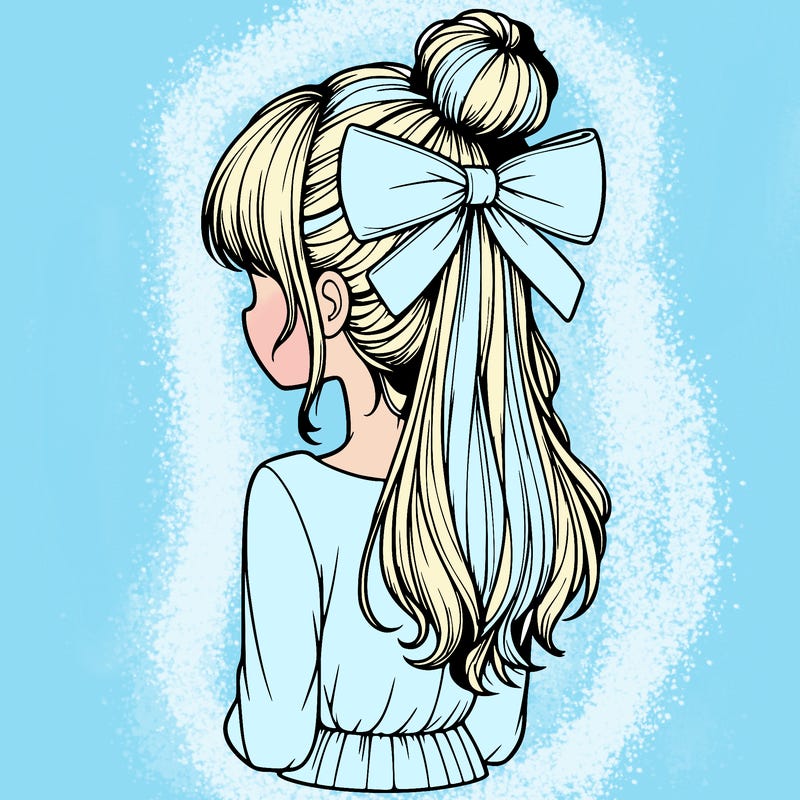 realistic girl  with hip length hair a bun and a big bow on the back of head