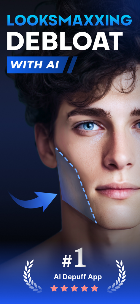 Depuff AI: Bloatdown & Debloat - A young man with a defined jawline using Depuff AI for looksmaxxing and debloating.