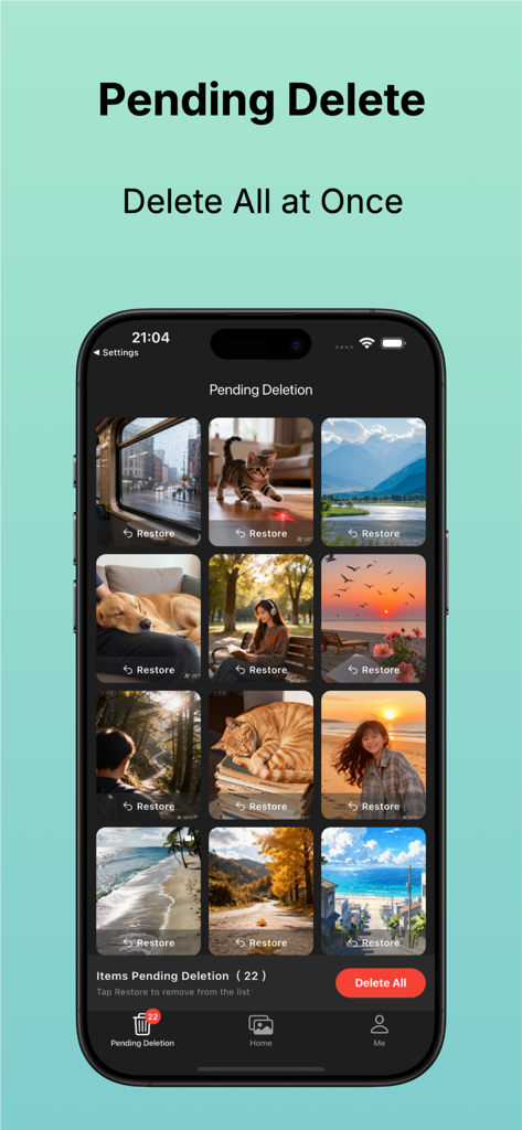 Interface of the SwipeClean app showing a grid of photos marked for deletion with a button to delete all at once