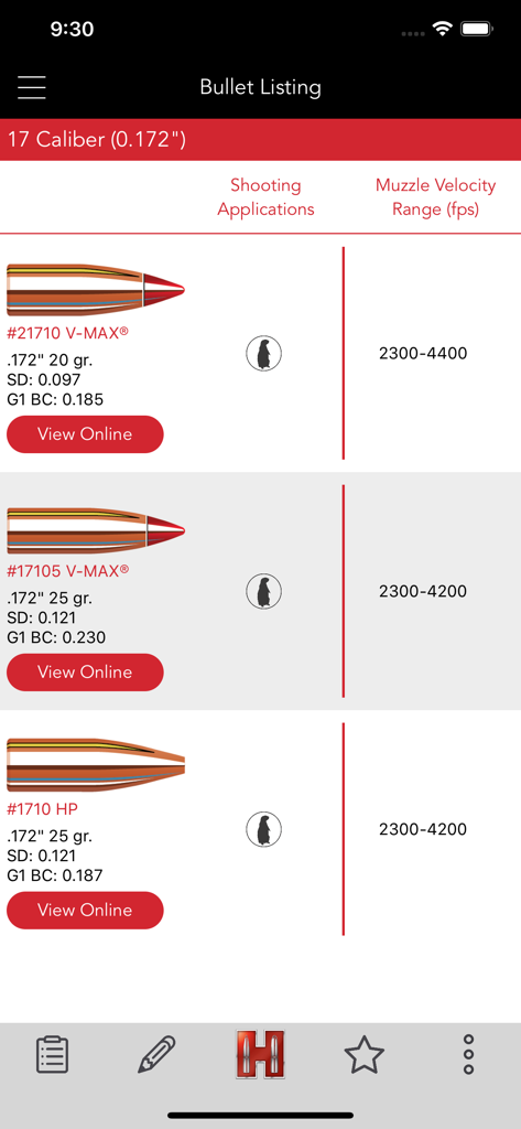 Hornady Reloading Guide app showing technical specifications for 17 caliber bullets