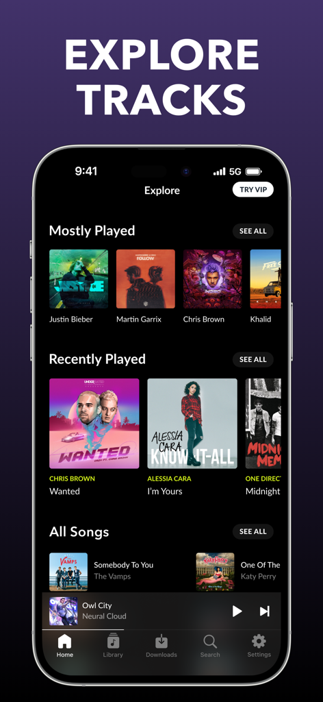 Equalizer Fx: Bass Booster App - Pantalla de exploración de la aplicación de música Equalizer Fx que muestra varias pistas populares y categorías de artistas.