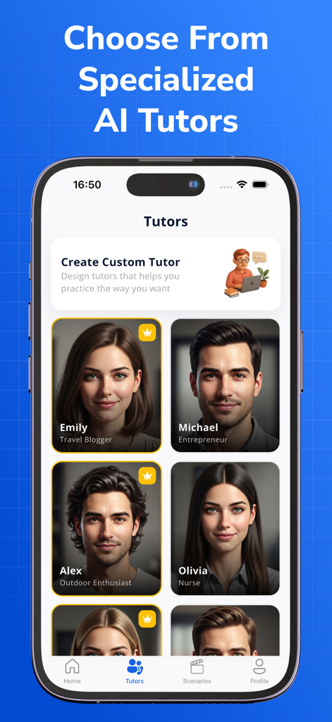 Vocha - Speaking Practice AI - Vocha app interface showing a list of specialized AI tutors for language speaking practice