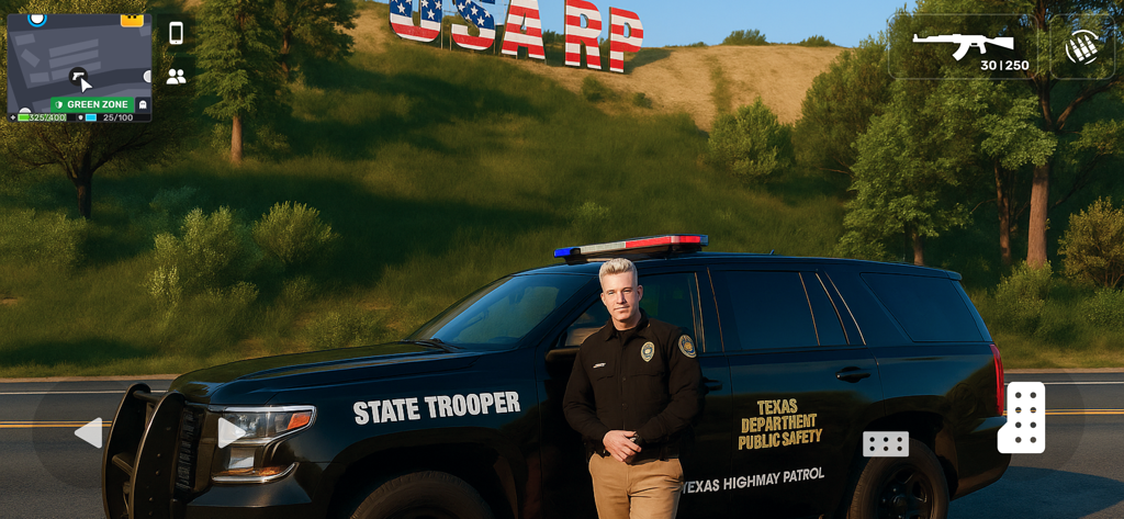 A player character dressed as a state trooper standing next to a Texas Highway Patrol vehicle in Flex City RP