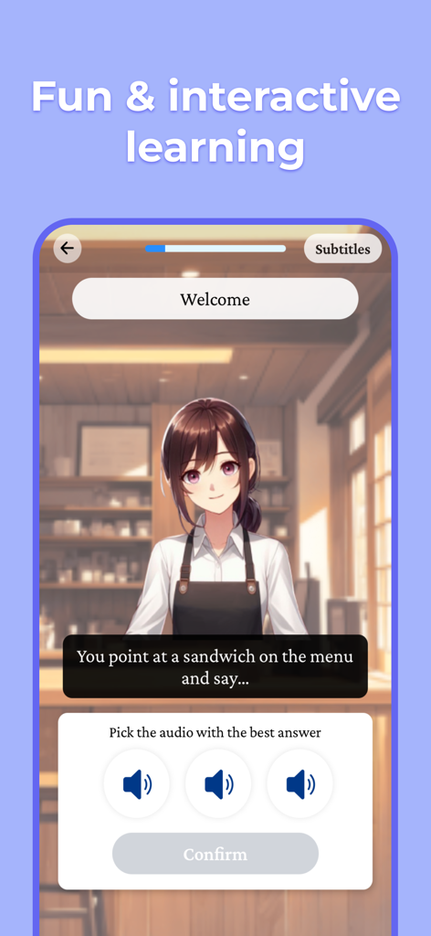 An interactive roleplay lesson in the Dango Travel Japanese app set in a cafe scenario.