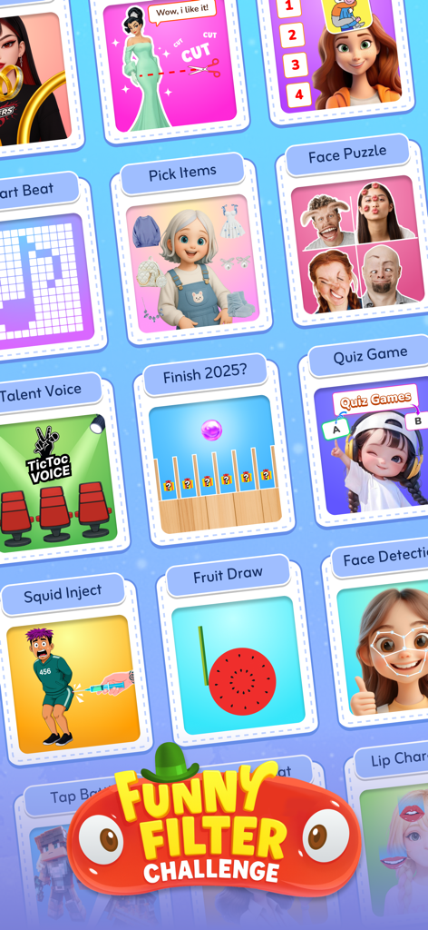 Funny Filter Challenge - Selection screen showing various trending AR filter challenges and mini games like Face Puzzle and Quiz Game