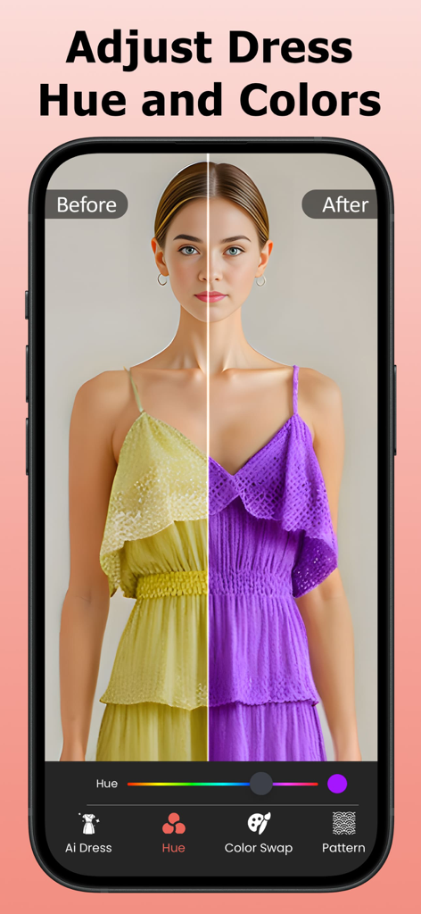 Recolor Dress & Clothes Colour - A split-screen comparison showing a dress color changing from yellow to purple using a hue slider in a mobile app.