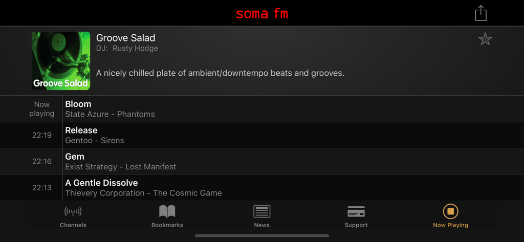 SomaFM Radio Player app interface showing the Groove Salad station with a history of ambient and downtempo tracks