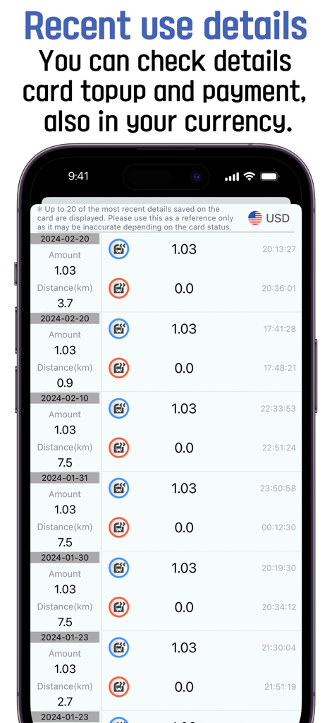 BucaCheck app interface displaying recent Korean transit card usage history with amounts converted to USD