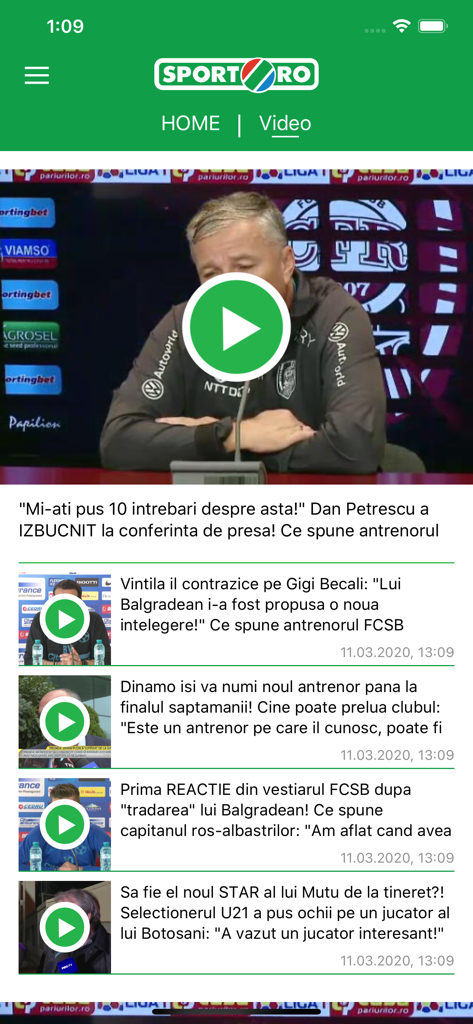 sport.ro - Sport.ro mobile app video news feed showing sports headlines and video interviews in Romanian