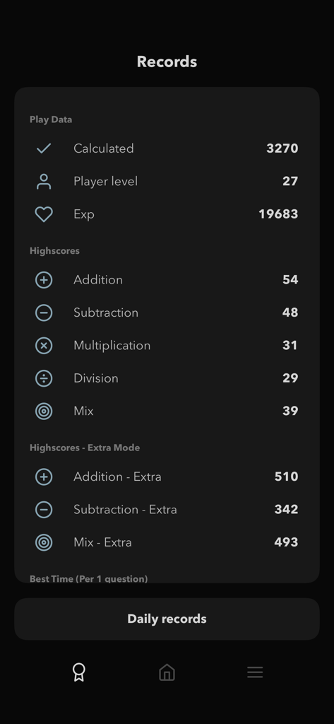 Pantalla de registros de la aplicación Ninimaths que muestra los puntos de experiencia del nivel del jugador y las puntuaciones altas para la aritmética mental