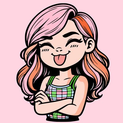 realistic girl crossing her arms and wearing a tank top with her tongue held out she has long hair