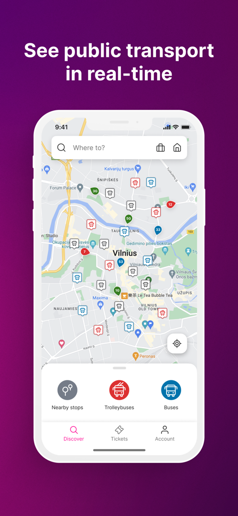 Trafi - Tela do aplicativo móvel mostrando mapa de transporte público em tempo real e navegação para Vilnius