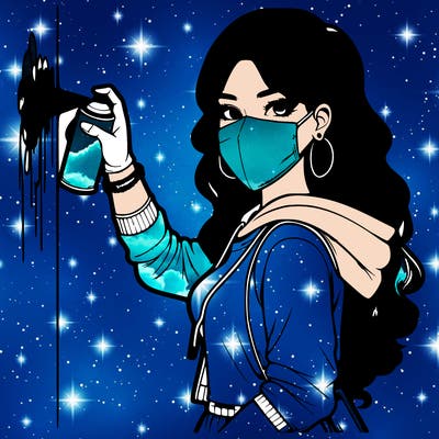 realistic girl with mask spray painting a wall