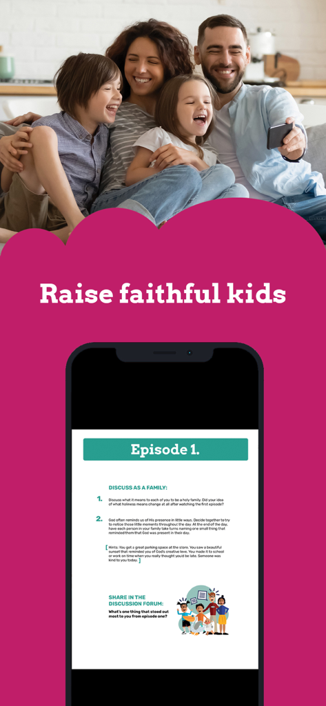CatholicHÔM - A happy family using the CatholicHOM app to access faith-based discussion guides for parents and children.