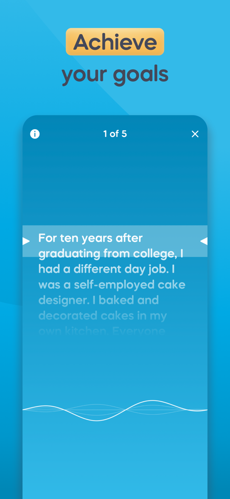 Speeko app interface showing a reading exercise for speech practice with a voice waveform visualization.