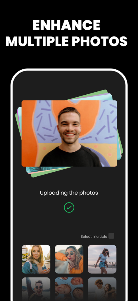 Unblur Clear Image·Enhancer AI - Interface showing the multi-photo enhancement feature with a stack of photos and a gallery selection for batch AI processing.